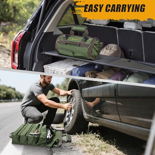 Tool Bag Roll Up, UUP Heavy Duty Portable Soft Tool Storage Organization, Foldable Empty Rollup Organizer with 2 Small Pouches, Rollable Carrying Toolbag, Dad Men Mechanic Welding Birthday Gift, Green