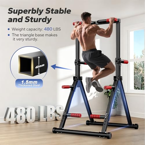 Foldable Adjustable Pull Up Bar - Red Power Tower Dip Station