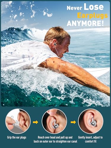 Black Waterproof Ear Plugs for Swimming & Water Sports with Lanyard, 3 Sizes & Secure Wings
