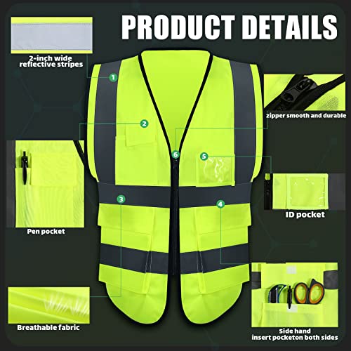 10 Pcs Reflective Safety Vest with Pockets and Zipper High Visibility Vest for Women Men Work, Construction, Cycling