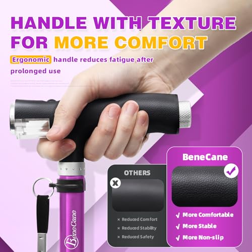 BeneCane Folding Quad Walking Cane with 2 LED Lights, Purple, Adjustable 31.1–37.8 in