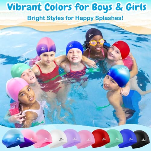 Kids Waterproof Silicone Swim Cap for Girls & Boys - 2 Sizes, Black, 8-15 Years