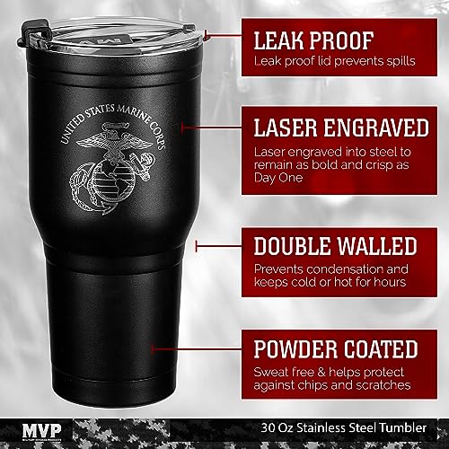 USMC 30 oz Stainless Steel Tumbler - Marine Corps Travel Mug with Lid & Straw, Double Wall Insulation
