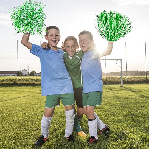KDPATFAV 18Pcs Green White Metallic Foil Pom Poms with Baton Handle - Cheerleading Sports Party