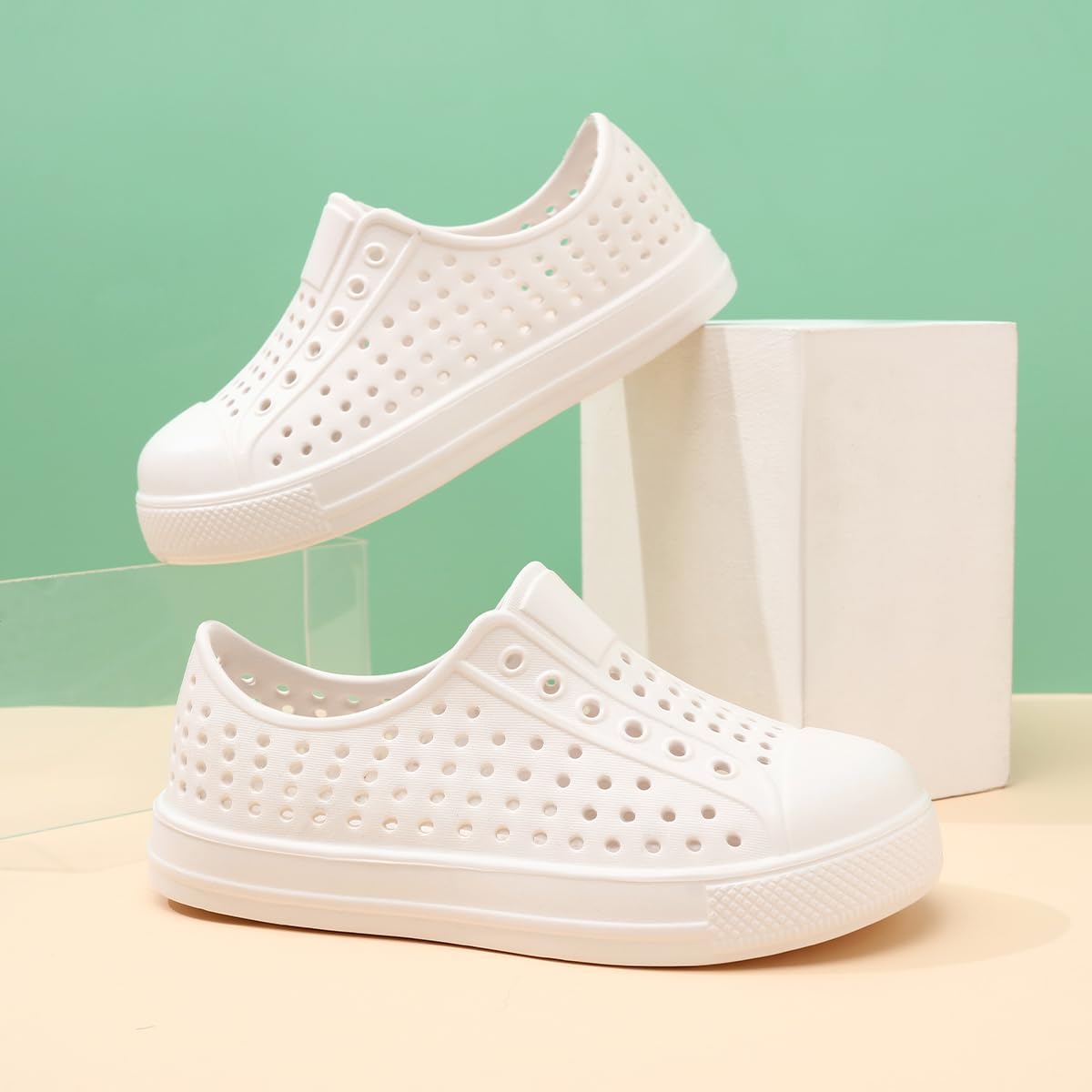 QLZ Toddler Kids Water Shoes for Boys Girls Garden Sandals Rubber Shoes Beach Sneakers, Slip-on Anti-Slip Lightweight Breathable Quick Dry Soft Flexible（Toddler/Little Kid/Big Kid） White