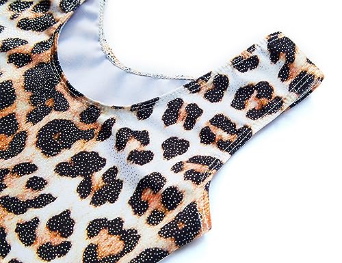 TENVDA Girl Leopard Ballet Leotard with Skirt - Sparkly Sleeveless Dance Outfit, 8-9 Years