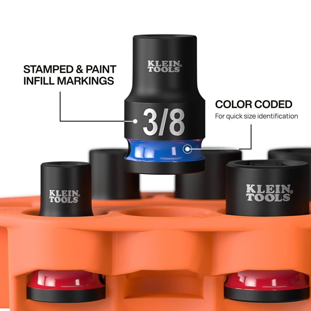 Klein Tools 33808 Grab-And-Go Impact Socket Set, SAE, 7-Piece Set with Sleeve, Carabiner, and 3/8-Inch Drive, Color-Coded 1/4, 5/16, 3/8, 7/16, 1/2, and 9/16-Inch Sockets