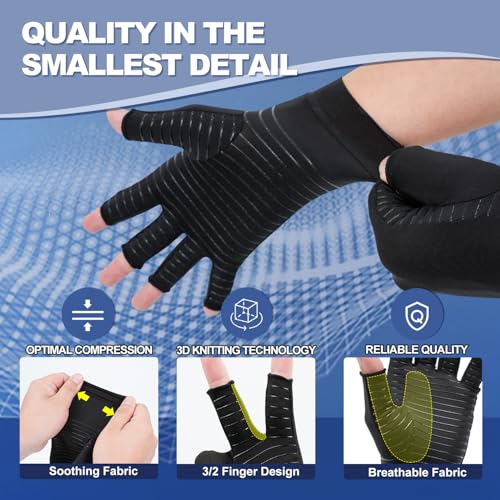 DRNAIETY Copper Arthritis Compression Gloves 2 Pairs Medium Black for Men & Women