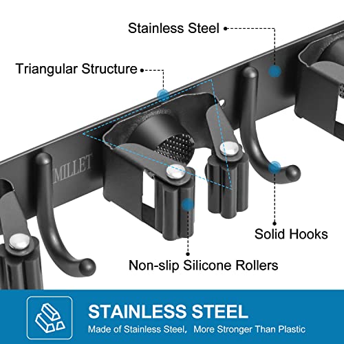 IMILLET 2 Pack Broom and Mop Holder Wall Mounted, Broom Holder Stainless Steel Broom Organizer Heavy Duty Tools Organizer Self Adhesive for Laundry Room Garage Garden£¨5 Racks and 4 Hooks£©