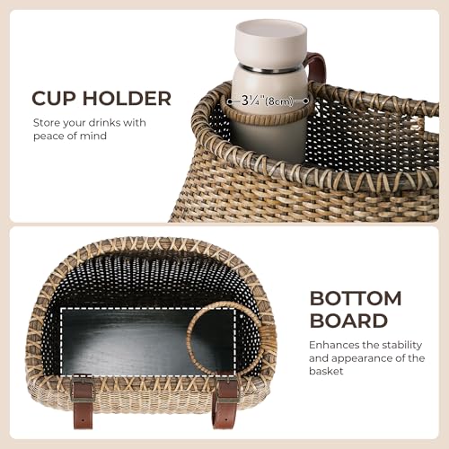 Brown Wicker Bike Basket Front with Cup Holder for Women & Men - Retro Style