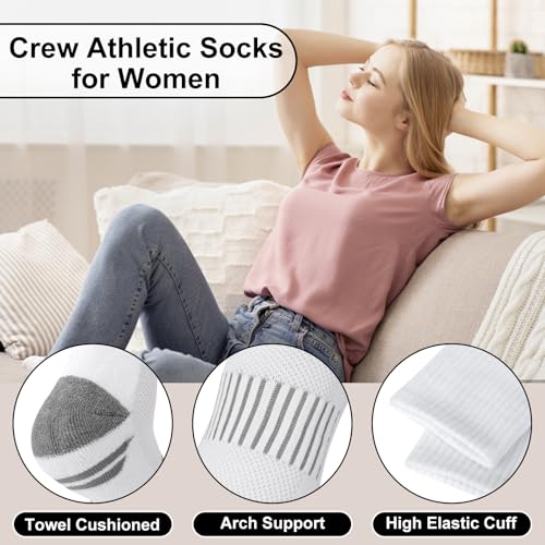 Compression Crew Socks for Women - 6 Pairs, Hiking & Running - White Gray