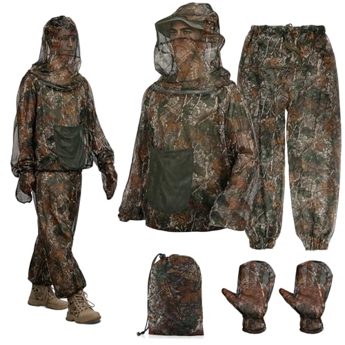 PELLOR Mosquito Suit Set for Men & Women — Mesh Bug Pants & Jacket Hood, Camouflage, 3X-Large