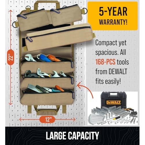 TOUGHEST Roll Up Tool Bag Organizer - 7 Pouches (3 Detachable) Compact Portable Tool Storage Box - 1680D Waterproof Small Tool Bag for Car - Gifts for Dad Mechanic Electrician