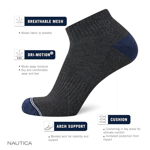 Nautica Men's Cushioned Moisture-Wicking Athletic Quarter Socks 6 Pack, Brown/Navy/Black 6-12.5