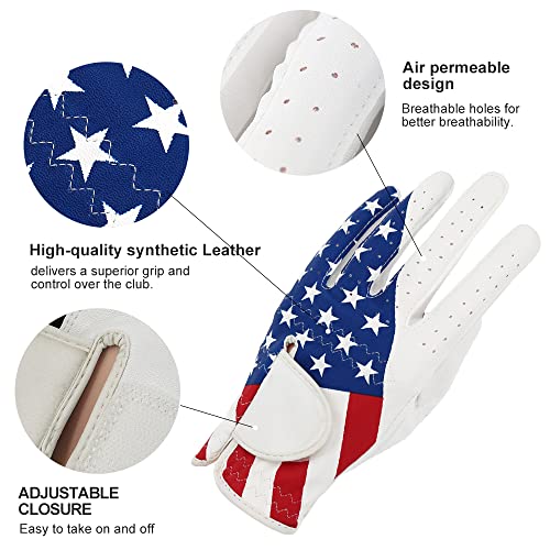 Golf Gloves – Left Hand for Right-Handed Men & Women, American Flag Pattern, GOLTERS Large