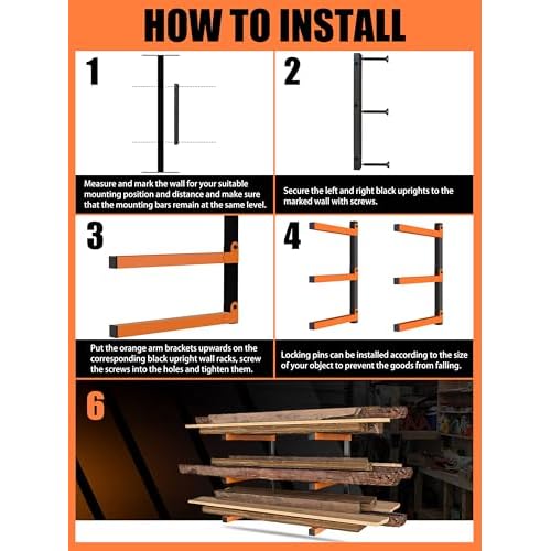 Caliee lumber Storage Rack Wall Mount, Heavy Duty Wood Storage Racks With 6-Level System Holds Up to 1400 lbs, Garage Shelf Wall Mount, Basement, Workshop, Rustproof & Space-Saving Design (4)