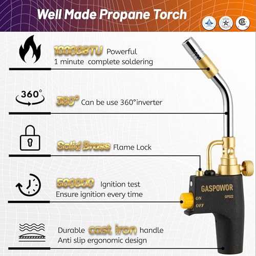 High Intensity Propane Torch Head Fuel by Propane,MAPP,Turbo Gas Torch Kit,Welding Torch,Trigger Start Mapp Gas Torch Kit with Igniter,Propane torch,Blow Torch(CSA Certified, Fuel Not Included)