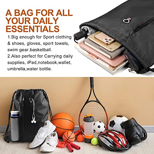 Large Black Drawstring Gym Bag with Water Bottle Mesh Pockets