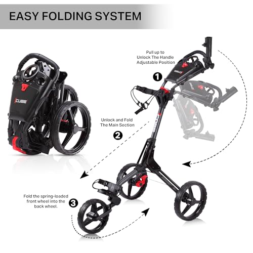 3-Wheel Golf Push Cart - Lightweight Folding with Umbrella Holder - Charcoal/Black