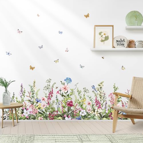 wondever Wildflower Grass Butterflies Wall Corner Stickers Garden Floral Baseboard Skirting Line Peel and Stick Wall Art Decals for Bedroom Living Room Sofa