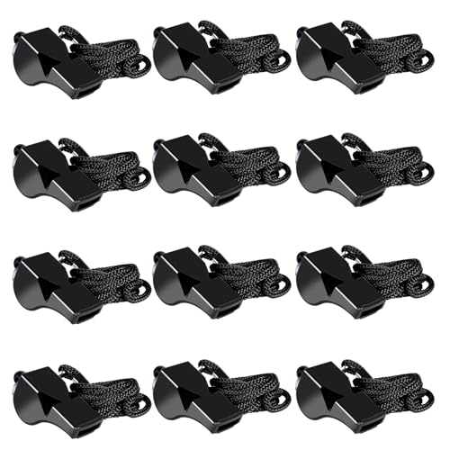12 Pcs Loud Pea-Less Sport Whistle Set with Lanyards - Black