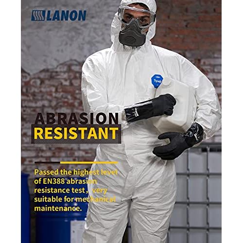 LANON 3 Pairs Nitrile Chemical Resistant Gloves, Reusable Heavy-Duty Rubber Gloves with MicroFoam Textured Palm, Acid, Alkali and Oil Protection, Black, Large