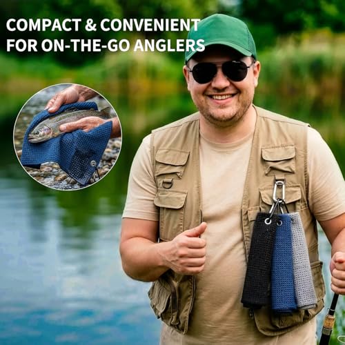 Fishing Towel with Clip - 16" X 16" Microfiber Towel - Pack of 3 (Black/Grey/Blue)