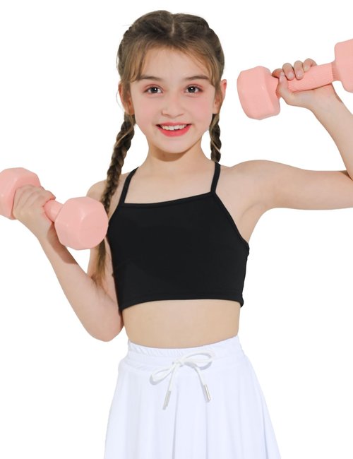 Hvididan Black Sports Bra Girls - Size 10-12 Spaghetti Strap Y Back Training Bras Racerback Yoga Bralette Comfort Crop Top