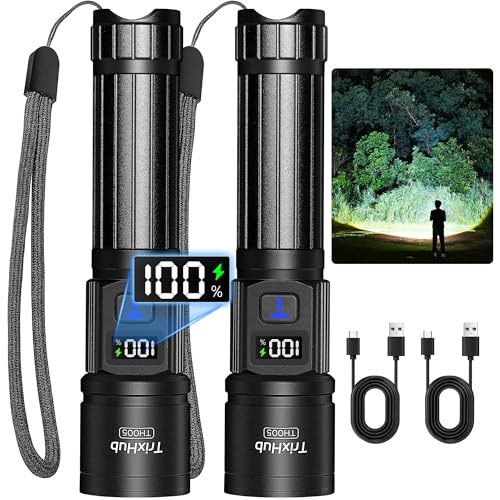 Rechargeable Flashlights 2 Pack - High Lumens with LCD Display, 5 Modes, USB C Charging - Black
