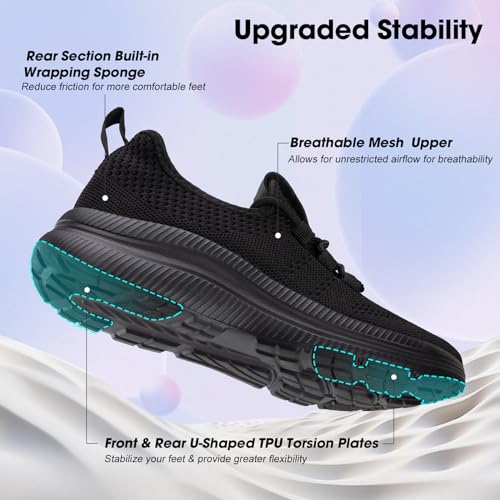 ZOVE Wide Toe Box Athletic Shoes Women 8-8.5 Wide Black Lightweight Sneakers