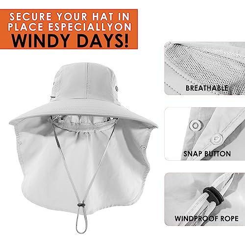 Wide Brim Sun Hat with Face Cover & Neck Flap - Light Gray