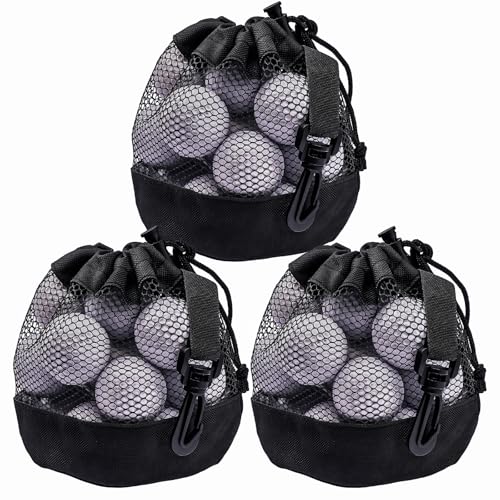 Black 3-Piece Golf Ball Bags with Drawstring - Nylon Mesh Storage for Outdoor Golf