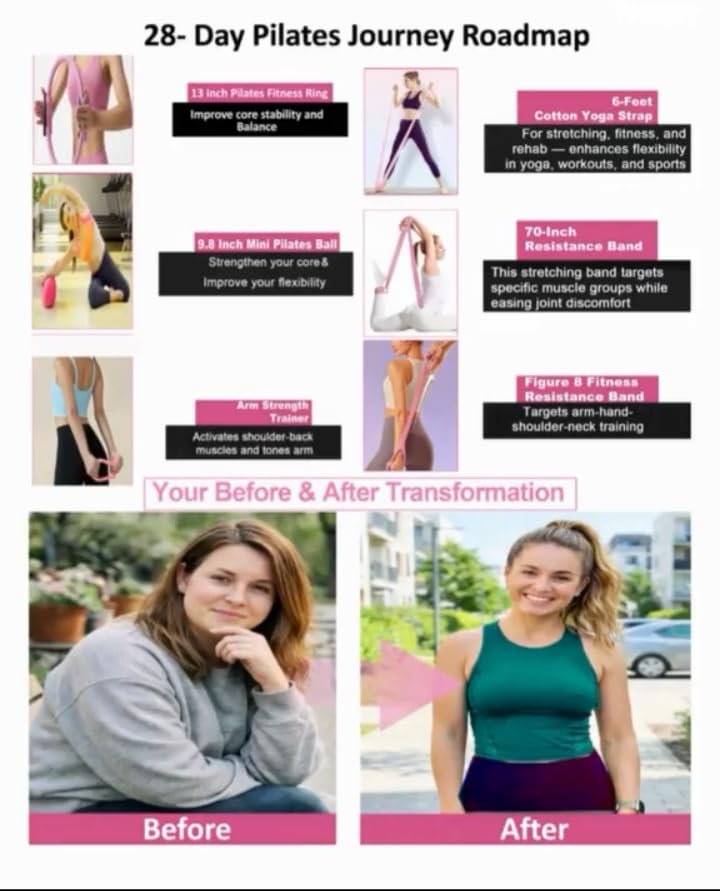 Yoga Pilates Ring Set - 18 Pcs Fitness Kit for Women - Pink