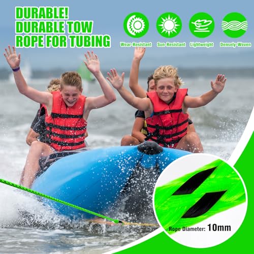 60FT Heavy-Duty Boat Tow Rope for 1-4 Person Tubes - Green & Black