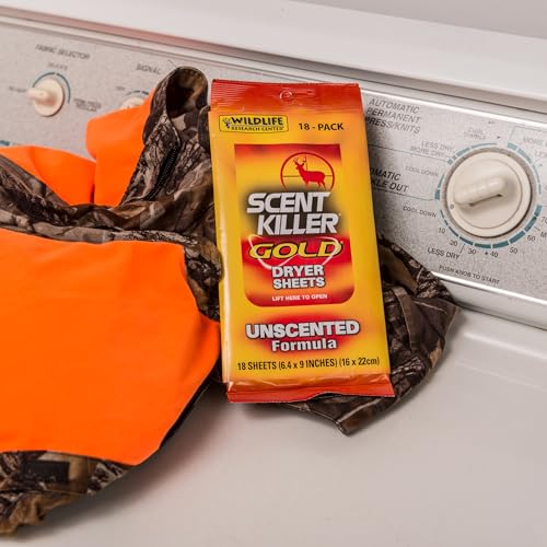 Wildlife Research Scent Killer Gold Dryer Sheets Unscented 18 Sheets | Odor Control & Static Reduction