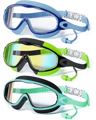 3 Pack Swimming Goggles, Kid Goggles with Earplugs Large Frame