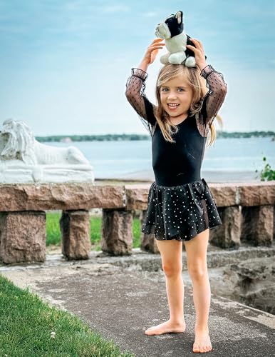 Gymnastics Ballet Leotard for Girls - Mesh Puff Long Sleeve - Black, 4-5T