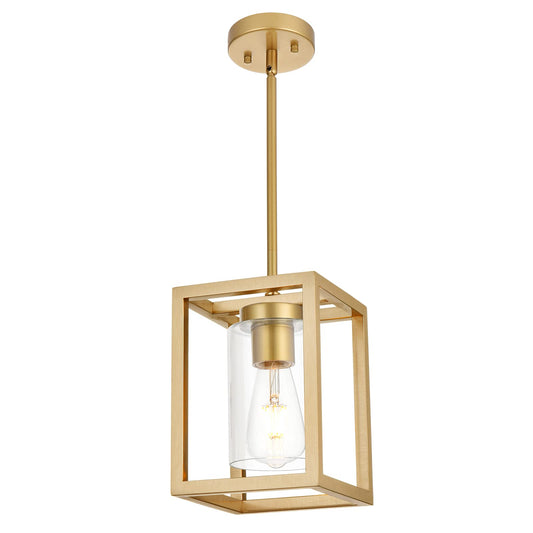 VINLUZ 1-Light Rustic Chandelier in Gold Finish Modern Industrial Pendant Lighting Fixture with Clear Glass Shade Hanging Ceiling Light for Dining Room