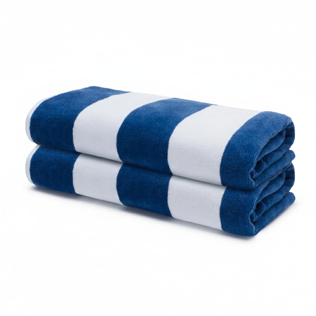 9Threads Velour Cabana Beach Towel 4 Pack, 30” x 60” Soft Plush Cotton Pool Towel, Absorbent Quick Dry Travel Towel for Beach, Pool, Spa (Classic Navy)