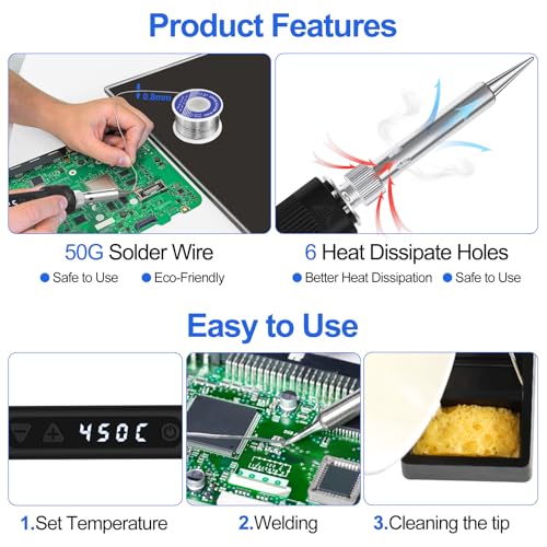120W LED Soldering Iron Kit, 7s Fast Heating Adjustable Temp 356-968¢µ Auto Sleep Precision Welding Gun Tools Electronics Repair with Solder Wire, 5 Soldering Tips, Desoldering Pump, Stand, Tweezers