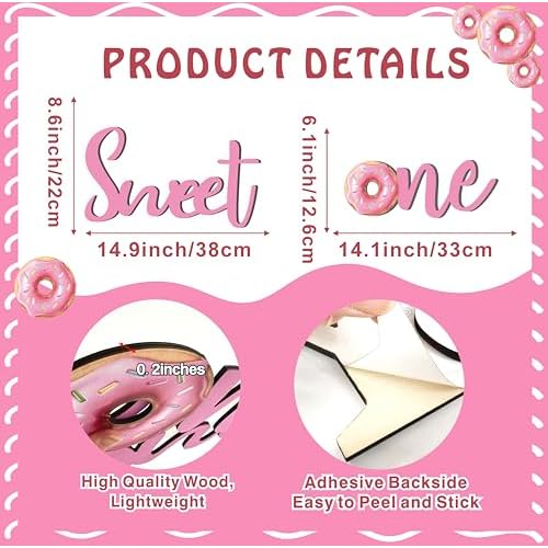 Wooden Sweet One Birthday Sign Decals for Backdrop Baby Girls First Birthday Decorations Donut Birthday Party Supplies for 1 Year Old Girl Sweet First Birthday Party Sign Banner Baby Girls Photo Props