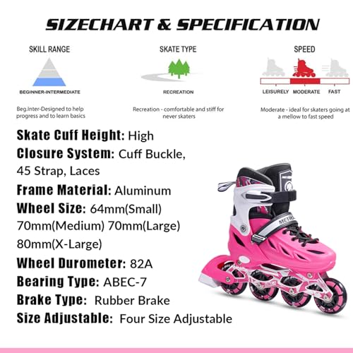 METROLLER Adjustable Inline Skates for Girls Boys Women Adults - Rose (Large Youth & Adult 4-7 US)