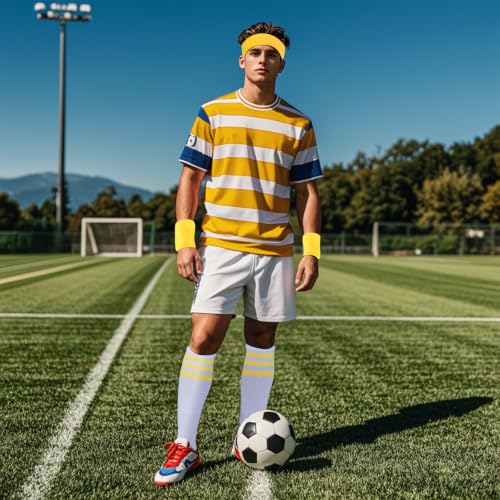 5-Piece 80s Striped Sweatbands and Socks Set - Yellow & White