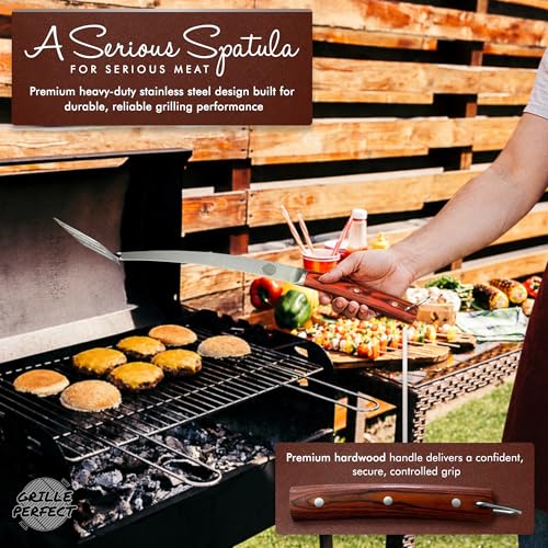 Grille Perfect 24-inch Long Handle BBQ Spatula - Heavy Duty Stainless Steel, Curved Hardwood Handle for Grilling & Outdoor Kitchen, Grilling Spatula