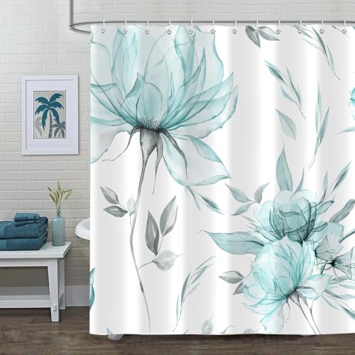 Aeyadis Teal Grey Watercolor Shower Curtain 72x72 in with 12 Hooks, Waterproof Polyester