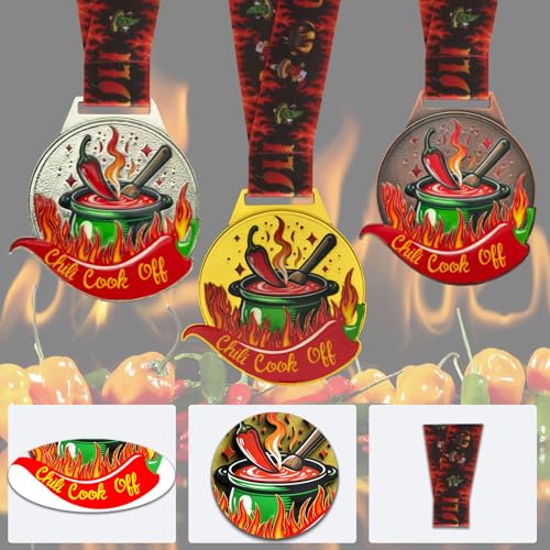 Chili Cook-Off Medal Set – 3 Winners Medals with Ribbons for 1st 2nd 3rd Place