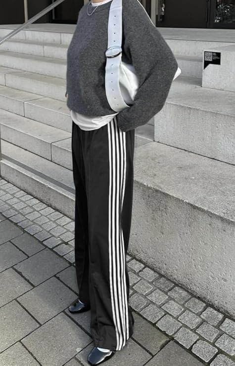 Skiennix Women's Wide Leg Track Pants - Striped Sweatpants with High Elastic Waist & Pockets