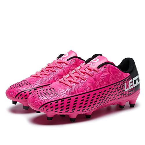 LEOCI Men’s & Women’s Soccer Cleats for Firm Ground Rose Red/Black – 6 Women / 4.5 Men