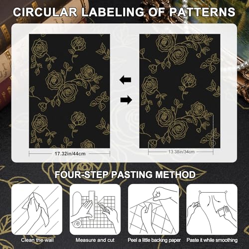 Amiya Black and Gold Floral Wallpaper Peel and Stick Wallpaper Line Boho Retro Renovation of Bedrooms,Cabinets,Etc Contact Paper 17.3" X 120" PVC Removable Wall Paper