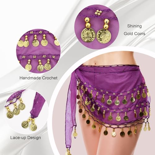 Belly Dance Hip Scarf Outfit - 3-Layer Gold Coin Design, Purple